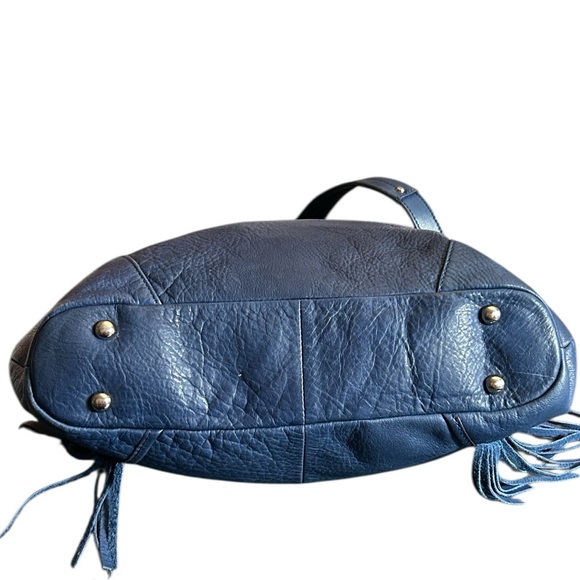 B Makowsky Blue Pebbled Leather Slouchy Shoulder Bag with Fringe Accent - Picture 5 of 8